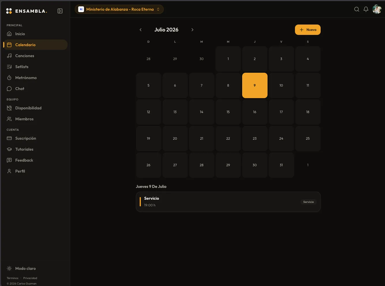 Calendario de eventos y ensayos en ENSAMBLA