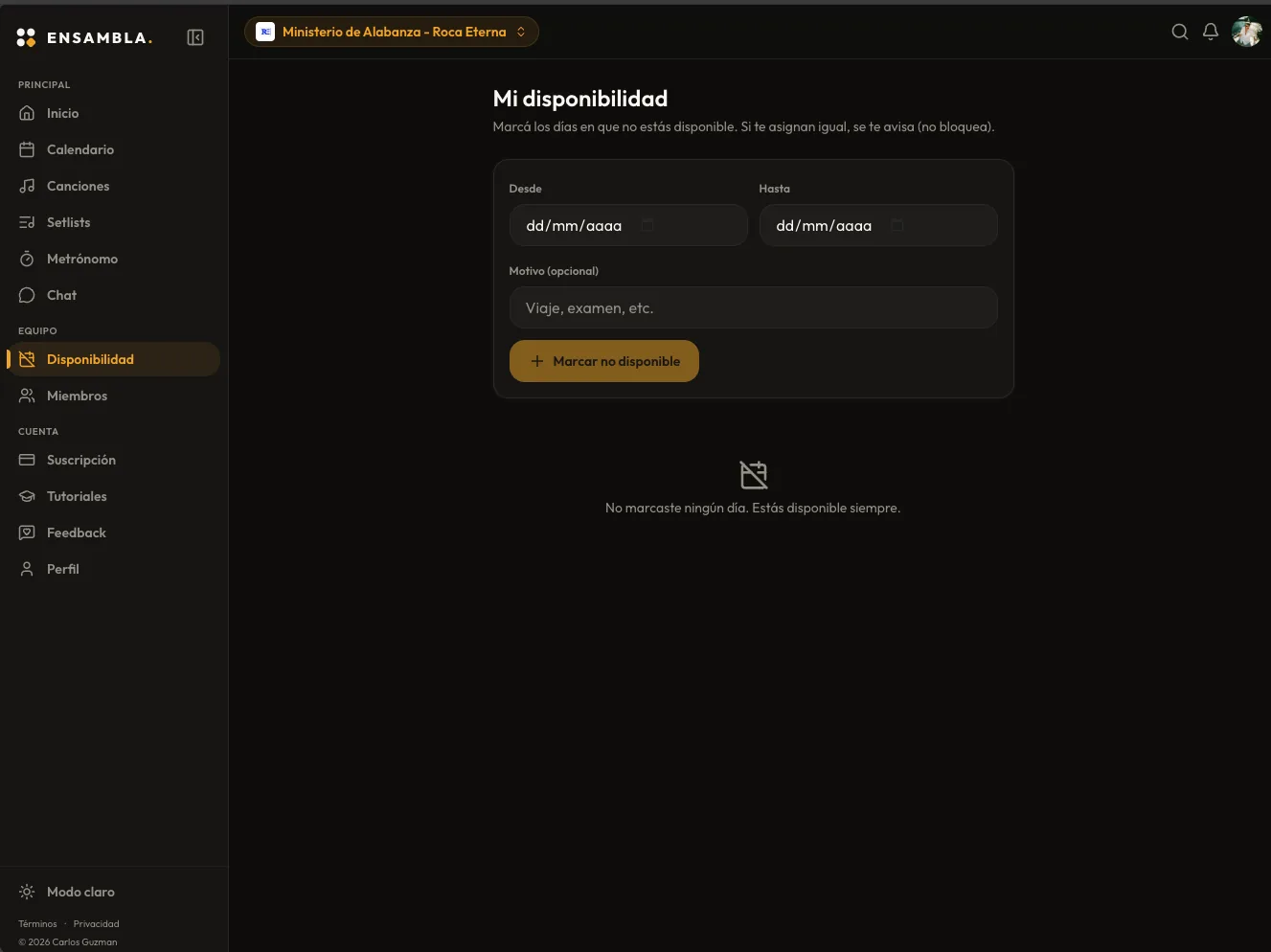 Disponibilidad de cada músico en ENSAMBLA